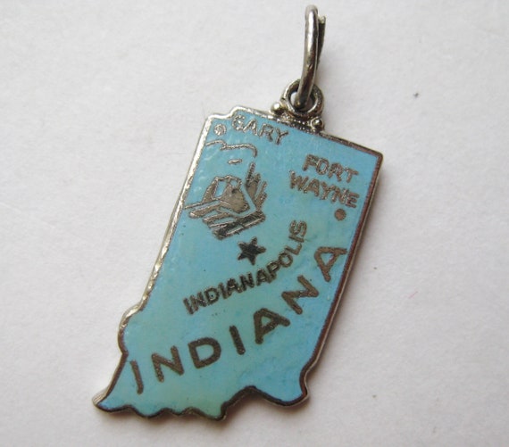 Vintage 50s Charm Indiana State Map Silver Enamel… - image 1