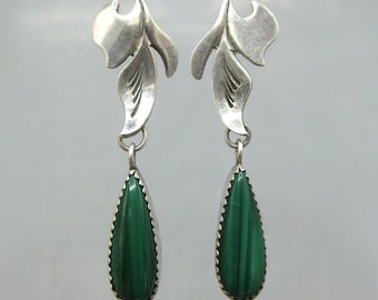 Vintage Les Baker Native American Navajo Indian Sterling Silver Malachite Drop Dangle Pierced Earrings