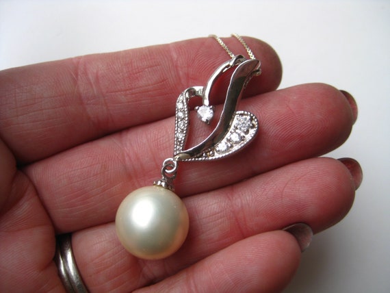 Sterling Silver 14mm White Pearl CZ Jeweled Vinta… - image 10