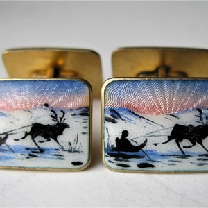 Vintage Elvik & Co Norway Sterling Silver Enamel Reindeer Sleigh Cufflinks Cuff Links