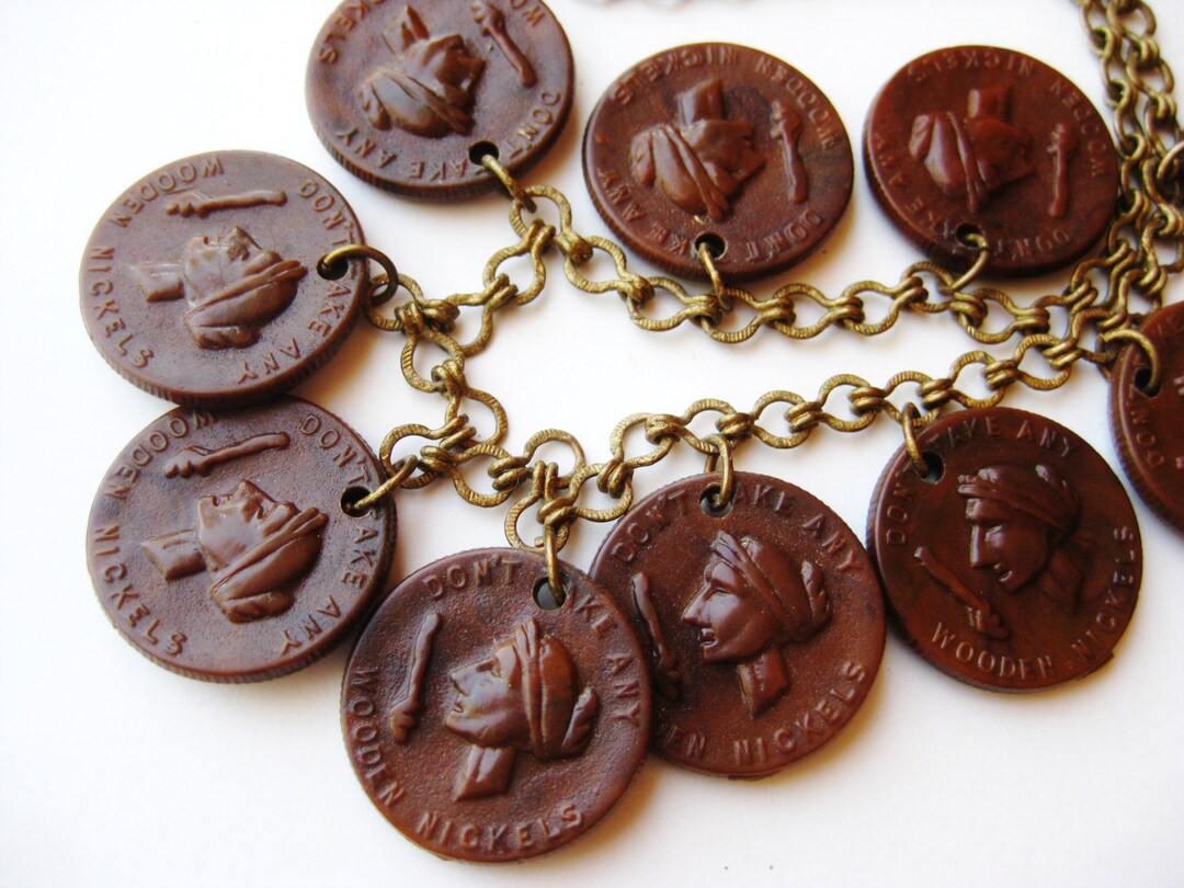 Vintage 40s Don t Take Any Wooden Nickels Novelty Dangle Celluloid Vintage 40s don t take any wooden nickels novelty dangle celluloid