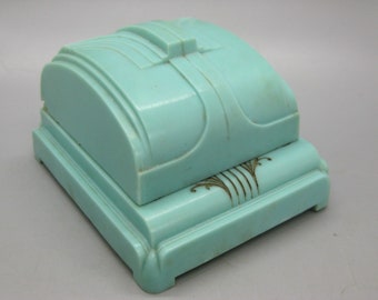 Boîte à bagues de présentation Art déco en celluloïd turquoise vintage George Sloan Jeweler Tulsa Oklahoma