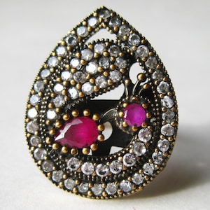 Vintage Sterling Silver Red Ruby Pave Jeweled Cocktail Ring size 7 1/4