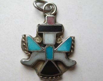 Zuni Kachina Charm Sterling Silver Indian Coral Turquoise Inlay Bracelet Charm