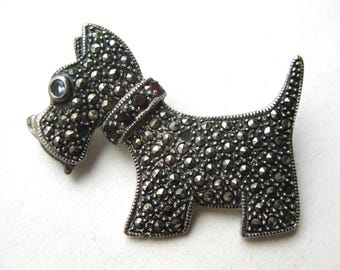 Vintage Sterling Silver Marcasite Scottish Terrier Scottie Dog NoveltyBrooch Pin