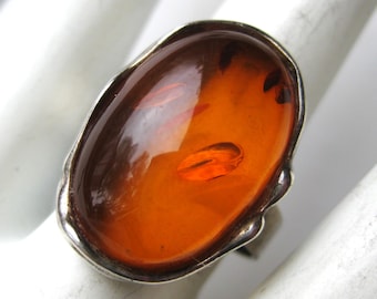 Baltic Honey Amber Ring Mid Century Modernist Sterling Silver Vintage Ring size 7