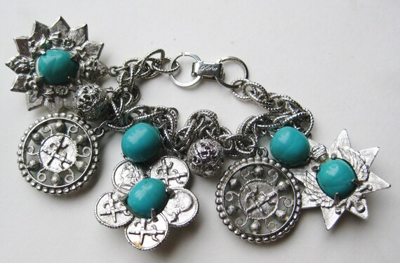 Vintage Coro Silver & Faux Turquoise Novelty Char… - image 5