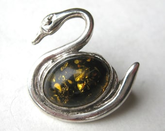 Vintage Baltic Amber Sterling Silver Swan Bird Novelty Brooch Pin