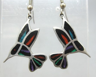 Vintage 80s Alia Enamel Hummingbird Novelty Drop Dangle Earrings