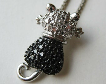 Vintage Sterling Silver Cubic Zirconia Jeweled Cat Kitten Necklace Pendant & Chain