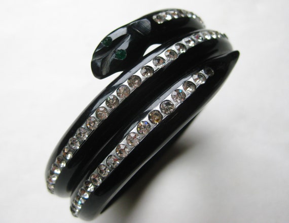 Snake Bracelet Art Deco Carved Black Bakelite Ser… - image 9