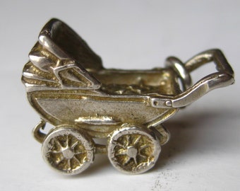 Baby Carriage Charm Sterling Silver Buggy Pram Shower Vintage Mechanical Bracelet Charm