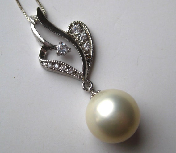 Sterling Silver 14mm White Pearl CZ Jeweled Vinta… - image 5