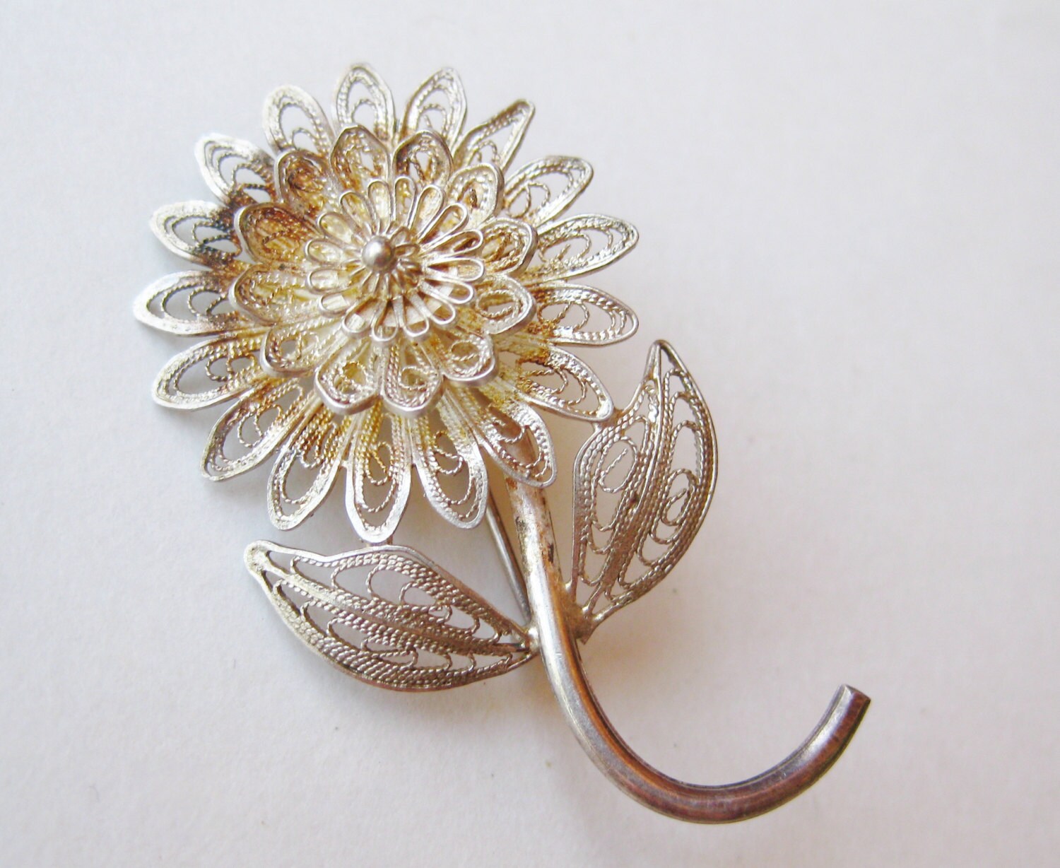 Vintage Brooch 40s Sterling Silver Brooch Filigree Delicate Flower ...