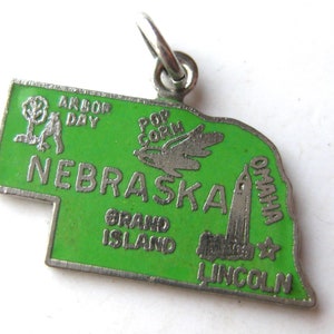 Vintage 50s Charm Nebraska State Map Sterling Silver Green Enamel Souvenir Bracelet Charm
