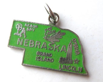 Vintage 50s Charm Nebraska State Map Sterling Silver Green Enamel Souvenir Bracelet Charm