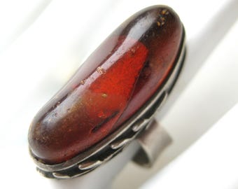 Baltic Honey Amber Ring Mid Century Modernist Sterling Silver Vintage Ring size 7.5