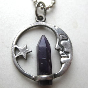 Vintage Sterling Silver Celestial Crescent Moon Amethyst Crystal Necklace Pendant & Chain