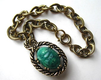 Egyptian Scarab Beetle Green Vintage 60s Gold Charm Bracelet
