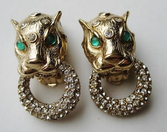 Vintage  Ciner Gold Panther Door Knocker Rhinestone Clip On Earrings