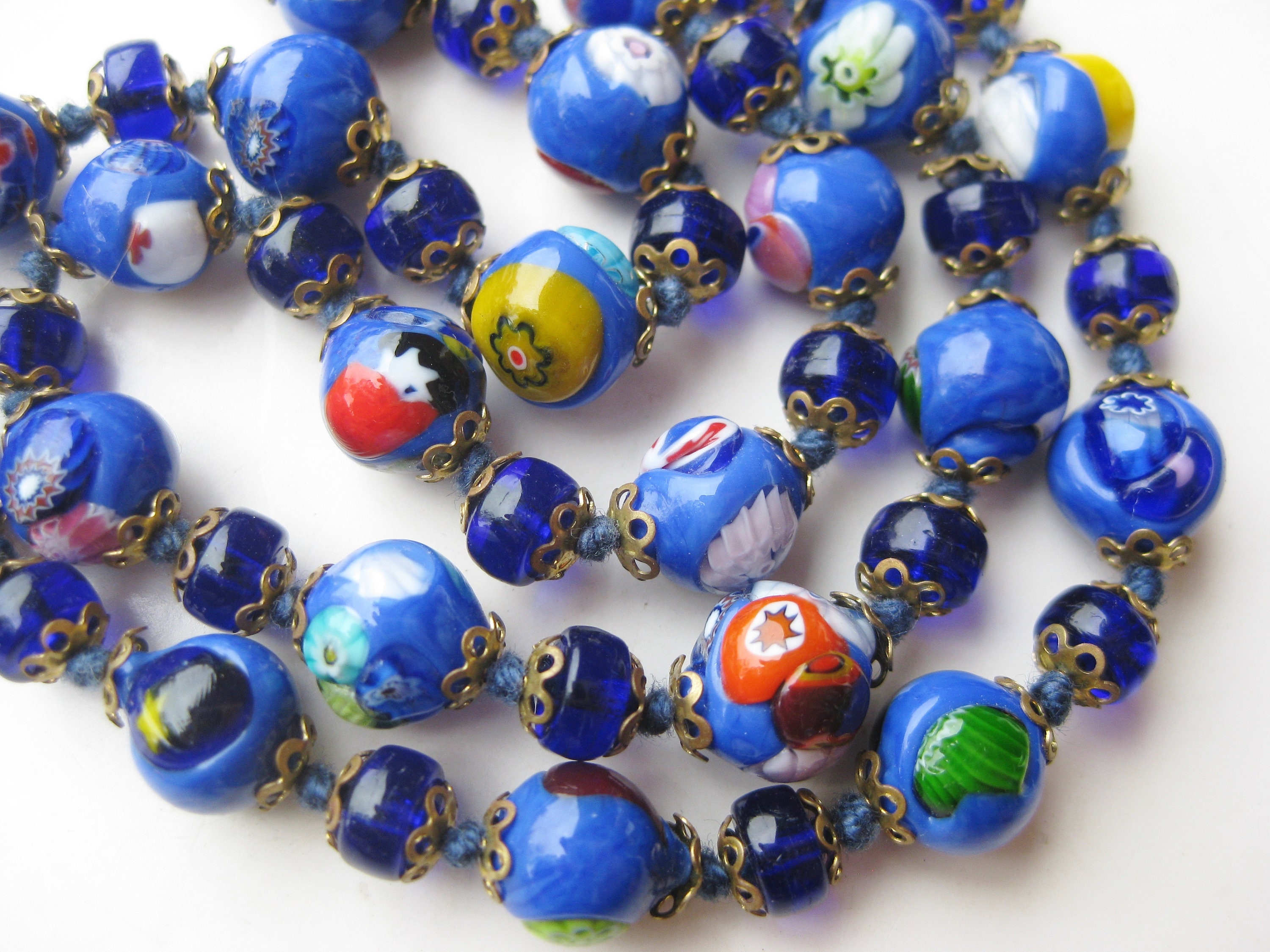 Vintage 50s Italian Venetian Millefiori Blue Art Glass Murano Bead 19