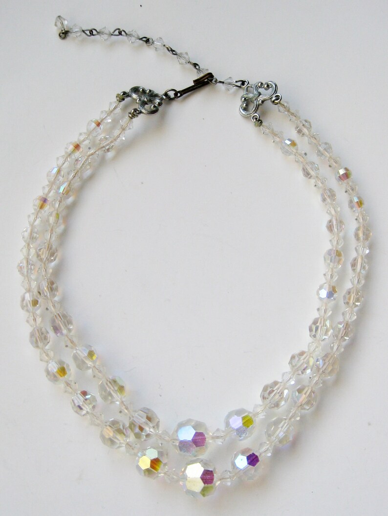 Vintage 50s 60s Sparkling Aurora Borealis Glass Bead Double Strand Mad Men Choker Necklace