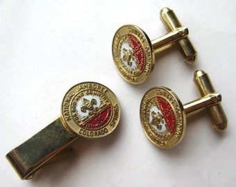 Vintage 1960 Boy Scout Jamboree BSA Gold Enamel Cufflinks & Tie Clip Set