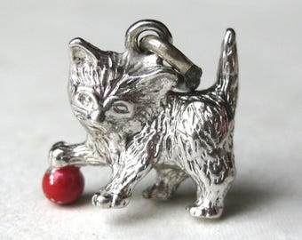 Vintage 50s Cat Charm Sterling Silver & Enamel Kitten with Yarn 3D Bracelet Charm