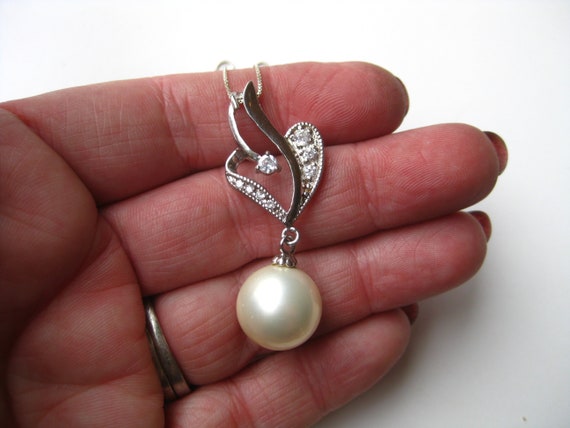 Sterling Silver 14mm White Pearl CZ Jeweled Vinta… - image 9