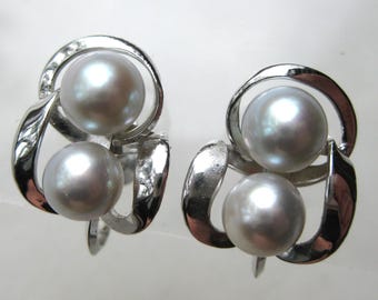 Vintage Furuya Japanese Sterling Silver Gray Blue Cultured Pearl Screwback Earrings