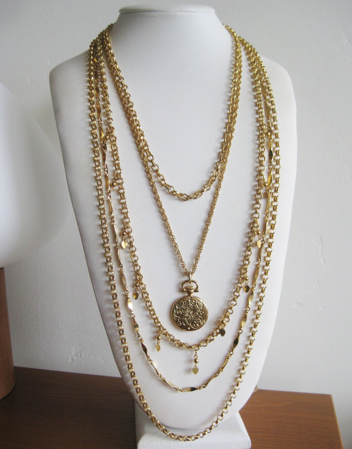 Vintage 60s Napier Gold 5 Strand Rope Chain Pocket Watch Charm Necklace