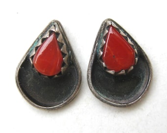 Vintage Mini Earrings Sterling Silver Red Coal Navajo Indian Pierced Stud Earrings