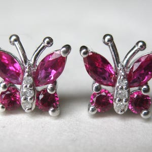 Vintage Sterling Silver Pink Ruby Mini Butterfly Pierced Stud Earrings