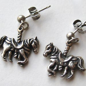 Vintage Mini Sterling Silver Carousel Horse Ponies Drop Dangle Pierced Earrings