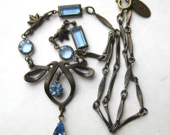 Vintage 90s Kenny Ma Blue Swarovski Crystal Jeweled Brass Chain Necklace