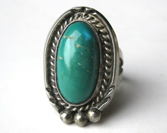 Vintage Old Pawn Silver Fred Harvey Era Turquoise Navajo American Indian Ring size 7.5