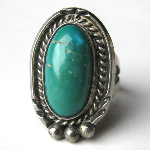 Vintage Old Pawn Silver Fred Harvey Era Turquoise Navajo American Indian Ring size 7.5