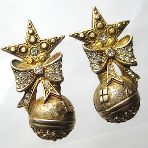 Vintage Kirks Folly Gold Celestial Star Bow Jeweled Rhinestone Pierced Earrings