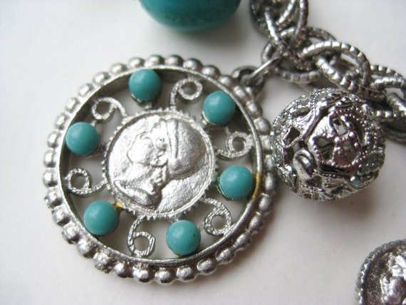 Vintage Coro Silver & Faux Turquoise Novelty Char… - image 3
