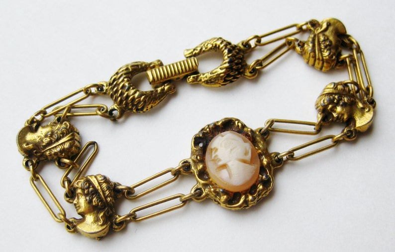 Vintage 60s Goldette Victorian Revival Gold Cameo Link Bracelet image 1