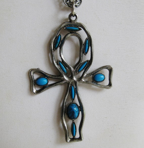 Vintage 60s Faux Turquoise Egyptian Ankh Pendant … - image 7