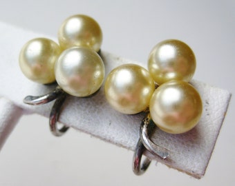 Vintage Faux Pearl Cluster Sterling Silver Screwback Earrings