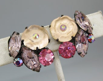 Vintage 50s Coro Pink Jeweled Rhinestone Molded Glass Bead Silver Clip Earrings