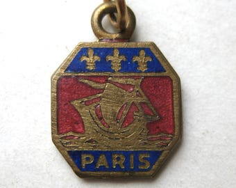 Vintage Charm Paris France Brass Enamel Coat of Arms French Souvenir Bracelet Charm