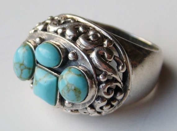 Vintage Ring Blue Turquoise Sterling Silver Cockt… - image 1