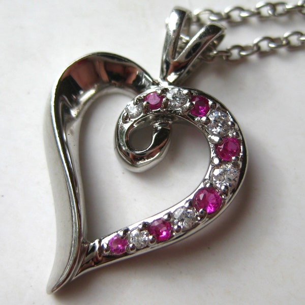 Heart Pendant Sterling Silver Jeweled Red Ruby Sweetheart Necklace Pendant and Chain