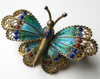 Vintage Italian 800 Silver Enamel Filigree Enamel Butterfly Brooch Pin