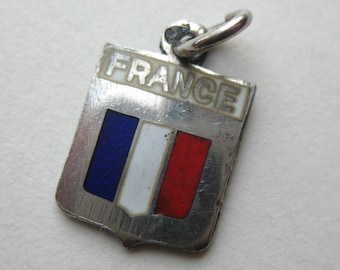 Vintage Charm France Sterling Silver Enamel Travel Shield Souvenir Flag Bracelet Charm
