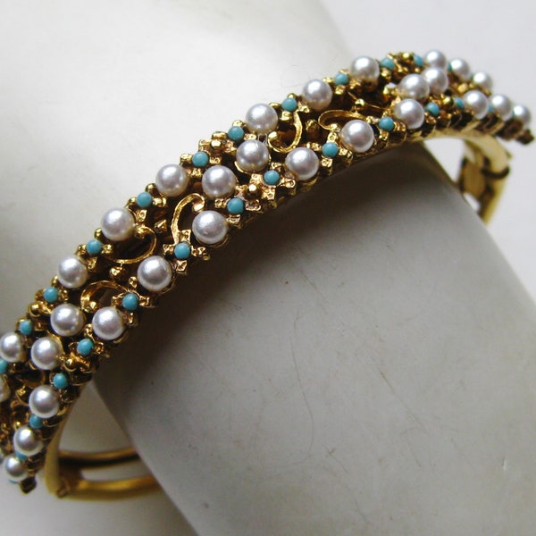 vintage 50s Florenza Gold Turquoise Pearl Jeweled Hinged Bangle Bracelet