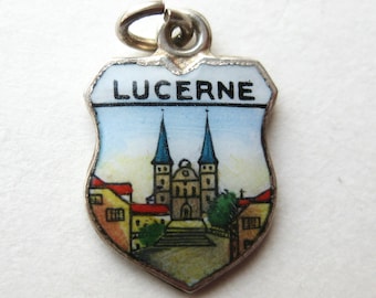 Vintage Charm Lucerne Switzerland 800 Silver Enamel Travel Shield Souvenir Bracelet Charm